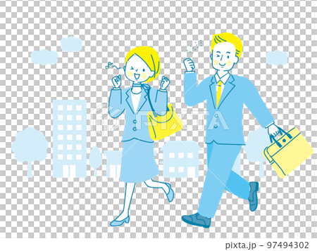 街並みとガッツポーズしながら歩く男女のイラスト 97494302