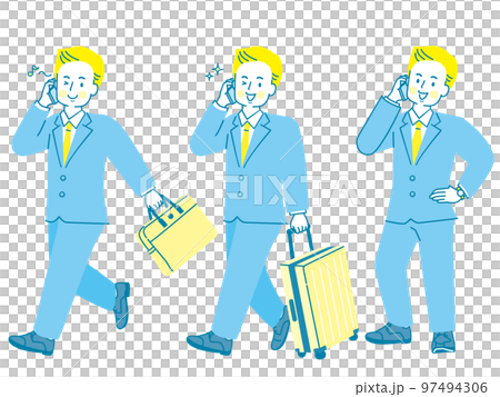 Illustration set of a man in a suit on a business trip with a smartphone 97494306