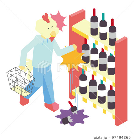 買い物中に店の商品を破損させてしまった女性のニワトリのアイソメイラスト 97494869