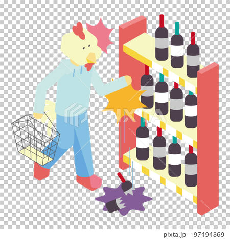 買い物中に店の商品を破損させてしまった女性のニワトリのアイソメイラスト 97494869