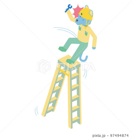 脚立から転落した男性作業員のオオカミのアイソメイラスト 97494874