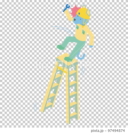 脚立から転落した男性作業員のオオカミのアイソメイラスト 97494874