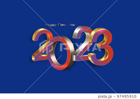 Colorful 2023 golden, bronze and silver bold letters. New Year 3D logo for Holiday greeting card. Vector illustration isolated on blue background, eve fashion luxury template  97495910