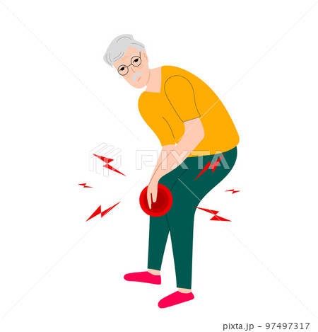 Senior Asian man have knee pain, leg pain in flat design on white background. Guy use hand touching on leg and massage to relax his muscle. Vector illustration. 97497317