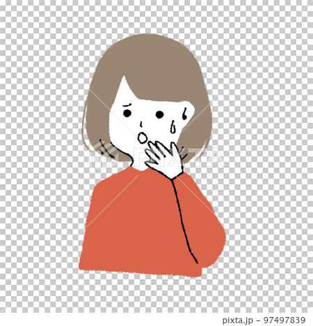 顔に手を添えて冷や汗をかく女性 顔に手を添えて冷や汗をかく女性 97497839