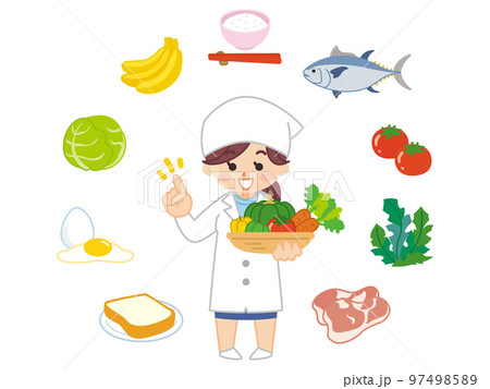 栄養士の女性と様々な食材 栄養士の女性と様々な食材 97498589