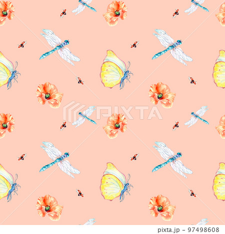 Meadow insects and flowers watercolor seamless pattern on pink. 97498608