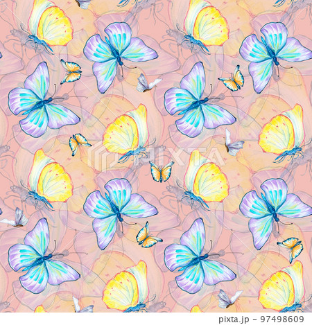 Meadow blue, yellow butterflies watercolor seamless pattern on pink. Meadow blue, yellow butterflies watercolor seamless pattern on pink. 97498609