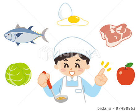 調理師の女性と様々な食材 97498863