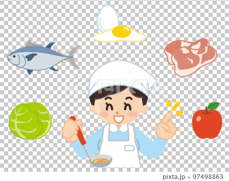 調理師の女性と様々な食材 97498863