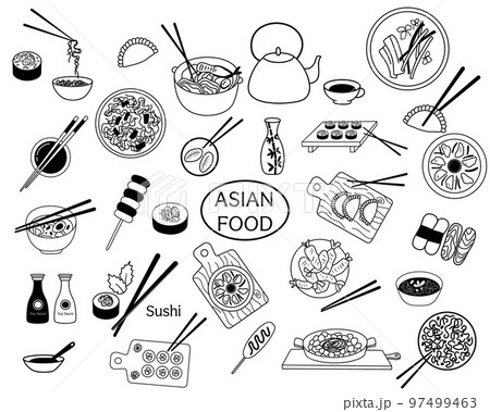 Doodle set of Asian food. Chinese dumplings, sushi with chopsticks and miso soup. Outline and glyph soy sauce in bottle isolated on white Doodle set of Asian food. Chinese dumplings, sushi with chopsticks and miso soup. Outline and glyph soy sauce in bottle isolated on white 97499463