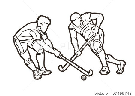 Group of Field Hockey Sport Male Players Mix Action Cartoon Graphic Vector 97499748