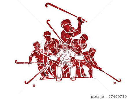 Group of Field Hockey Sport Male Players Mix Action Cartoon Graphic Vector 97499759