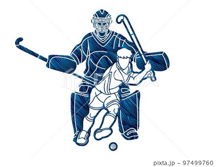 Group of Field Hockey Sport Male Players Mix Action Cartoon Graphic Vector 97499760