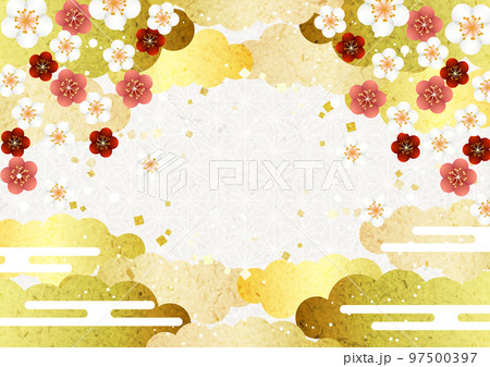 紅白梅アーチと上下金色雲の麻の葉模様背景ヨコ 97500397
