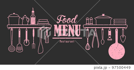 飲食店のメニュー表の見出し・タイトル (吊るされた調理器具シルエット) / ラフスケッチ 飲食店のメニュー表の見出し・タイトル (吊るされた調理器具シルエット) / ラフスケッチ 97500449