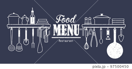 飲食店のメニュー表の見出し・タイトル (吊るされた調理器具シルエット) / ラフスケッチ 飲食店のメニュー表の見出し・タイトル (吊るされた調理器具シルエット) / ラフスケッチ 97500450