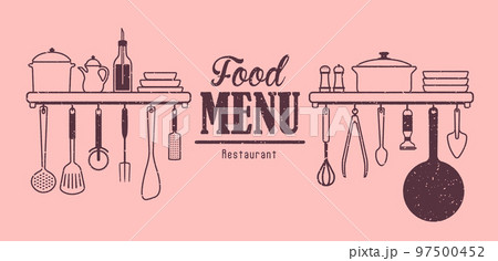 飲食店のメニュー表の見出し・タイトル (吊るされた調理器具シルエット) / ラフスケッチ 97500452