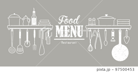 飲食店のメニュー表の見出し・タイトル (吊るされた調理器具シルエット) / ラフスケッチ 飲食店のメニュー表の見出し・タイトル (吊るされた調理器具シルエット) / ラフスケッチ 97500453