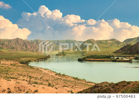 Ili river landscape in Almaty region in Kazakhstan. Picturesque tourist places of central asia Ili river landscape in Almaty region in Kazakhstan. Picturesque tourist places of central asia 97500463