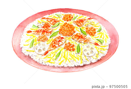 ちらし寿司の水彩イラスト アナログ手描き 背景透過PNG ちらし寿司の水彩イラスト アナログ手描き 背景透過PNG 97500505