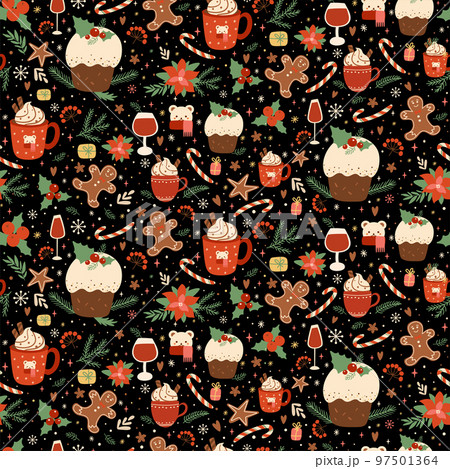 Winter hot chocolate Christmas cake seamless pattern. Traditional Christmas pudding, food, hot chocolate, gingerbread, Christmas cookies on dark repeat background. Winter holiday vector illustration. 97501364