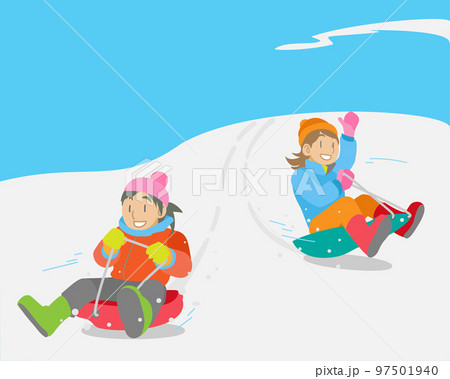 雪ゾリを楽しむ子供たち 97501940
