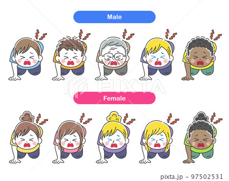 腰痛で立ち上がれない、人物のイラストセット 腰痛で立ち上がれない、人物のイラストセット 97502531