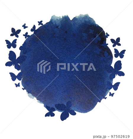 Dark blue watercolor stain with watercolor flying butterflies isolated on white background with clipping path. Illustration 97502619