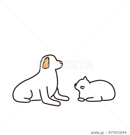 伏せている犬と猫 横向きのイラスト素材