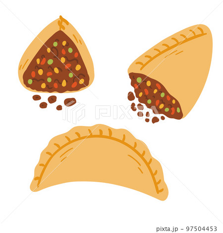 Empanadas in cartoon flat style. Hand drawn vector illustration of traditional Latino America food, folk cuisine 97504453