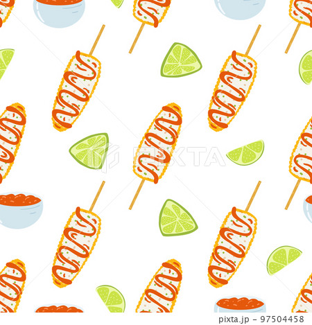 Seamless pattern with elote dish. Traditional Mexican food, folk cuisine. Vector background with grilled corn 97504458