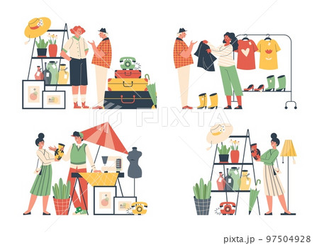 Set of scenes about flea market flat style, vector illustration Set of scenes about flea market flat style, vector illustration 97504928