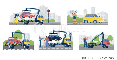 Set of scenes about tow trucking flat style, vector illustration 97504965