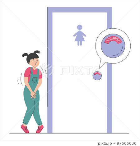 Little girl standing at closed toilet door 97505030