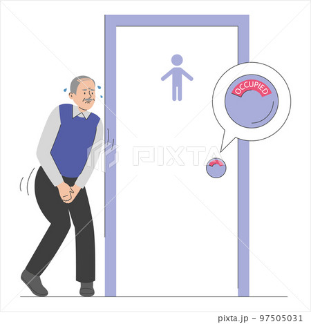 Man standing at the closed toilet door 97505031