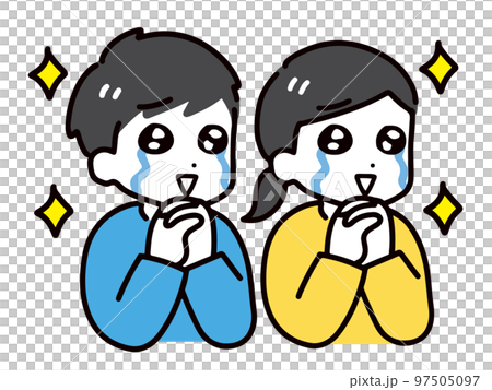 笑顔で泣きながら感動している私服の若い男女(上半身) 97505097