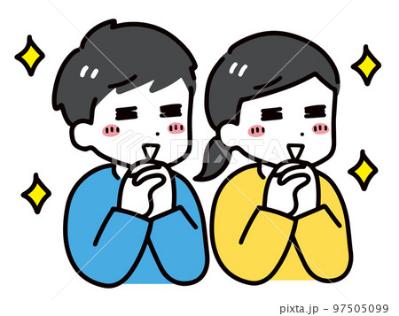 喜んでいる幸せそうな私服の若い男女(上半身) 97505099