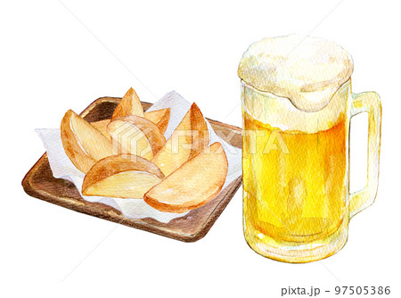 生ビールとポテトフライ 水彩イラスト フライドポテト 生ビールとポテトフライ 水彩イラスト フライドポテト 97505386