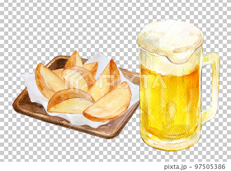 Draft beer and potato fries Watercolor illustration French fries 97505386