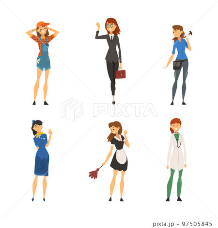 Set of women of different professions. Construction worker, business woman, stewardess, maid, doctor cartoon vector illustration Set of women of different professions. Construction worker, business woman, stewardess, maid, doctor cartoon vector illustration 97505845