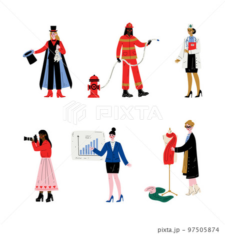 People of various professions set. Magician, firefighter, fireman, photographer, tailor, businesswoman cartoon vector illustration People of various professions set. Magician, firefighter, fireman, photographer, tailor, businesswoman cartoon vector illustration 97505874