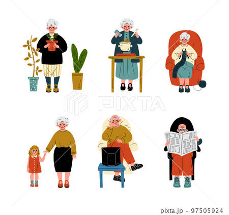 Senior Grey-haired Man and Woman Engaged in Different Activity Vector Set 97505924