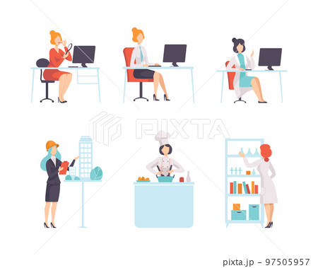 Work and Career with Woman Working and Performing Different Activity Vector Set Work and Career with Woman Working and Performing Different Activity Vector Set 97505957