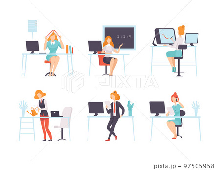 Work and Career with Woman Working and Performing Different Activity Vector Set 97505958