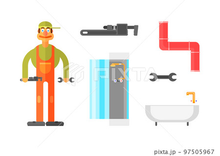 Man Plumber in Orange Overall with Wrench, Pipe and Sanitary Ware Vector Set 97505967