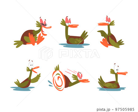 Funny Green Dabbling Duck Character as Feathered Waterfowl Bird Vector Set 97505985