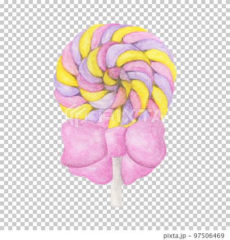 Lollipop on stick, decorated with big bow. Watercolor painting. Lollipop on stick, decorated with big bow. Watercolor painting. 97506469