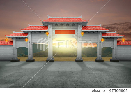 Chinese pavilion gate with red roof on the meadow Chinese pavilion gate with red roof on the meadow 97506805