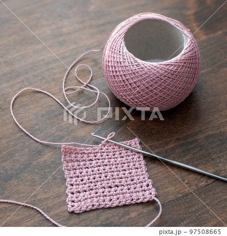Getting started with crocheting. Working with thread. Beginner crochet pattern. Pink crochet project 97508665